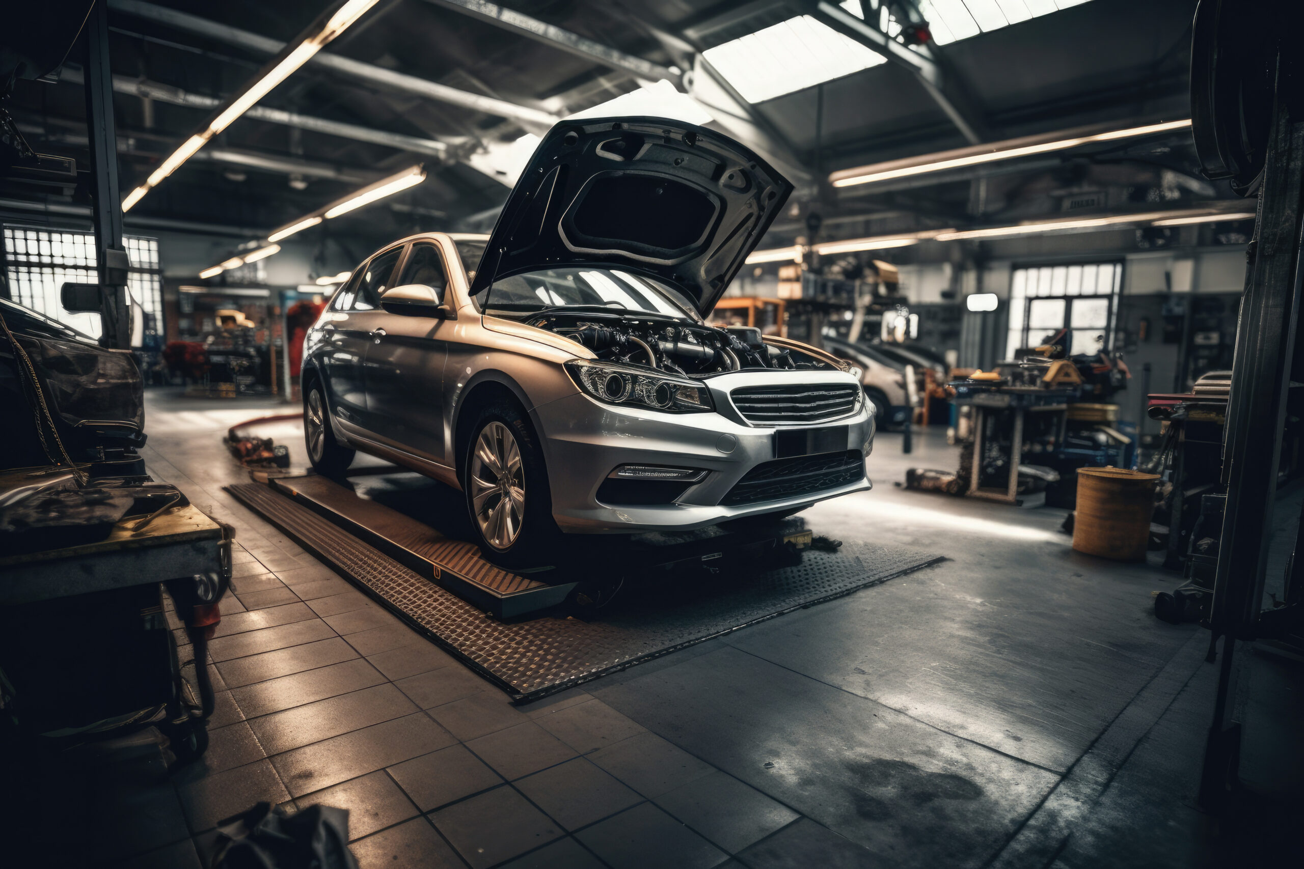 car maintenance service in the background of a car repair shop